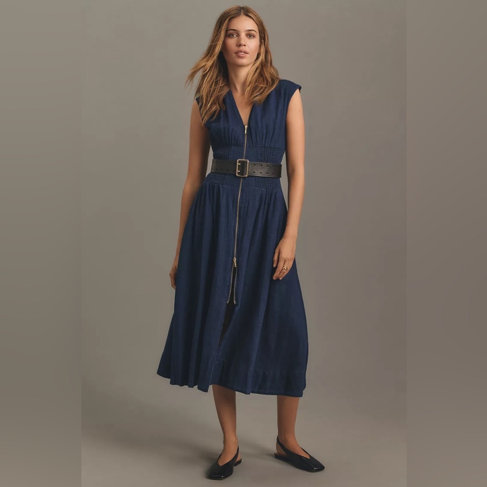 Anthropologie The Tommie Cap-Sleeve Smocked Front-Zip Midi Shirt Dress